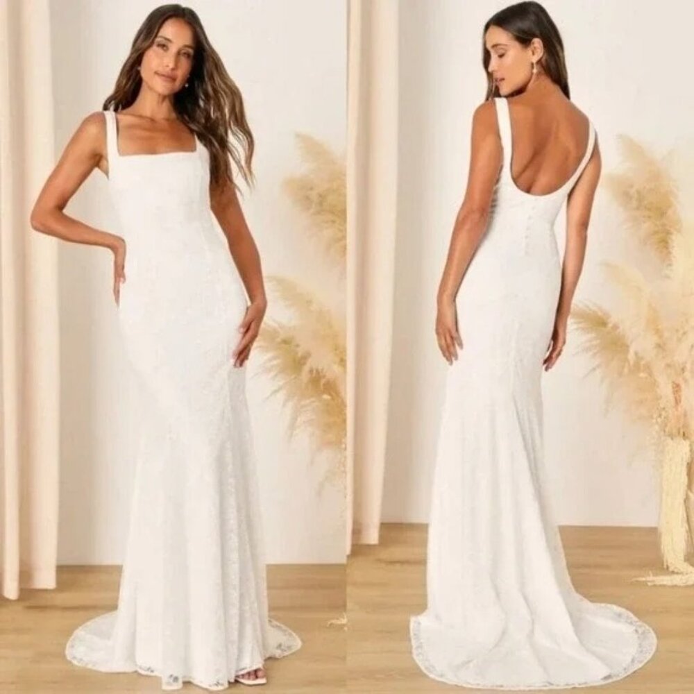 Lulus Eternal Happiness White Lace Square Neck Mermaid Dress Wedding Medium NWOT